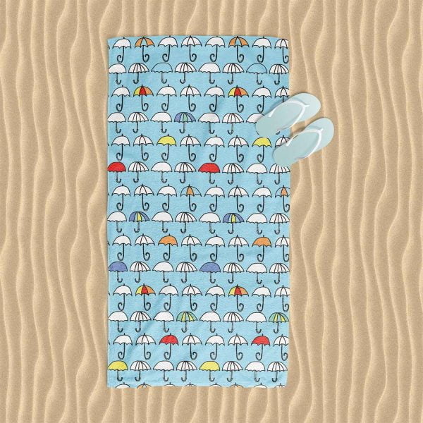 kids beach towel with blue colorful umbrella pattern