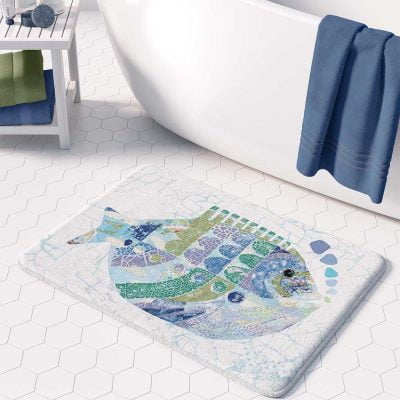 coastal blue bath mat with blue fish pattern
