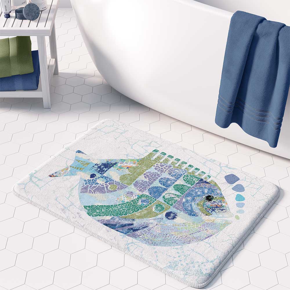 coastal blue bath mat with blue fish pattern