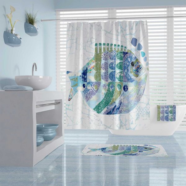 blue bathroom unique modern abstract shower curtain with blue fish print
