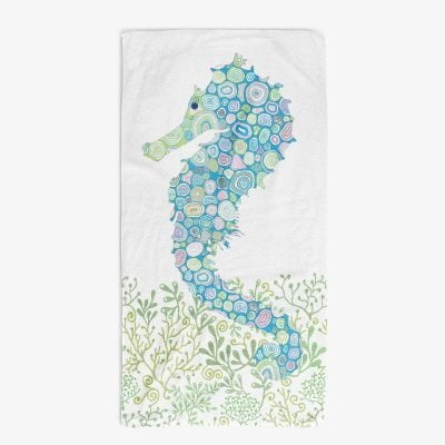 Kids Bath Towel With Blue And Green Seahorse Print