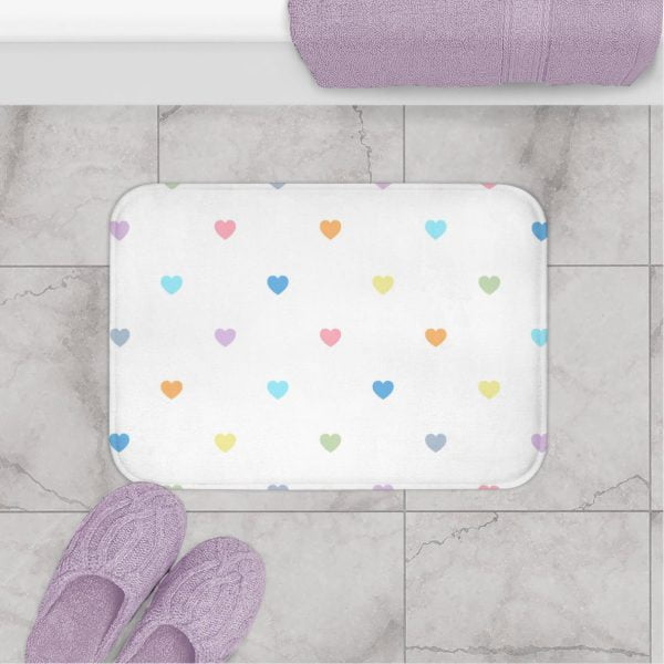Kids bath mat non slip pastel love hearts in little girl’s bathroom setting