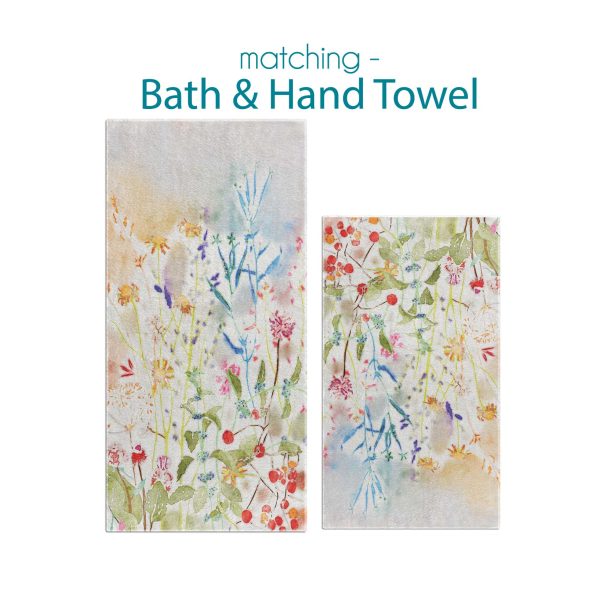 Colorful wildflower floral patterned hand and bath towel set with velour front and cotton terry back.