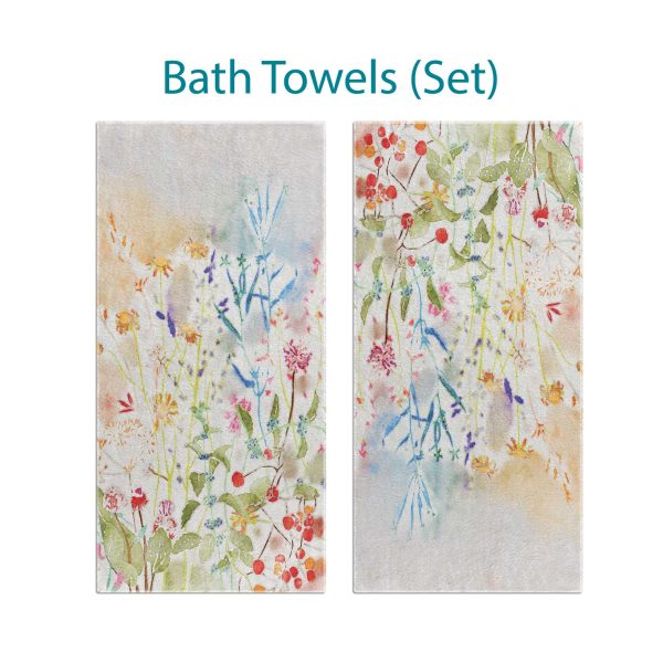 Colorful wildflower floral patterned bath towel set with velour front and cotton terry back.