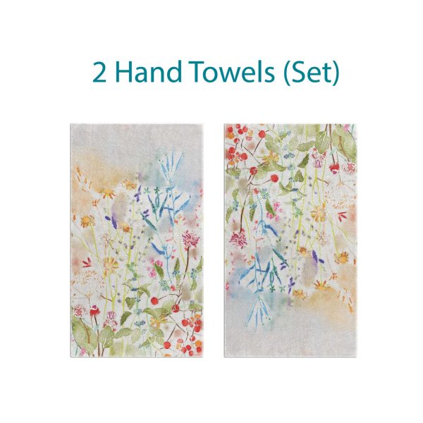 Colorful wildflower floral patterned hand towel set with velour front and cotton terry back.