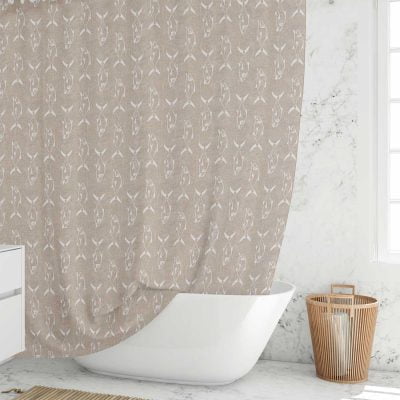 beige and white fish coastal bathroom curtain