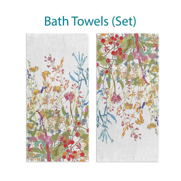 Colorful wildflower floral patterned bath towel set with velour front and cotton terry back.