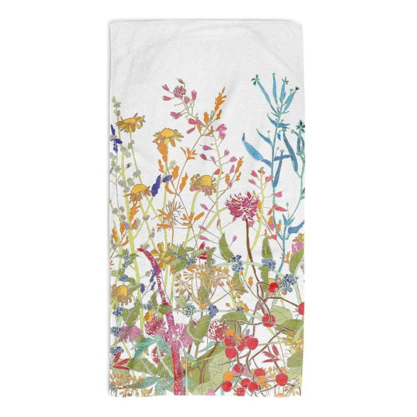 Colorful wildflower floral patterned bath towel with velour front and cotton terry back.