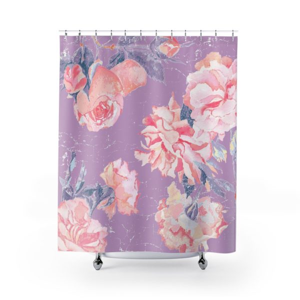 lavender shower curtain with shabby chic pink rose floral