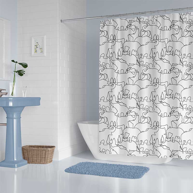 Modern Black And White Elephant Shower Curtain With Mold Resistant Fabric and Water Repellent Characteristics
