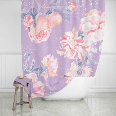 lavender shower curtain with abstract shabby chic pink rose floral
