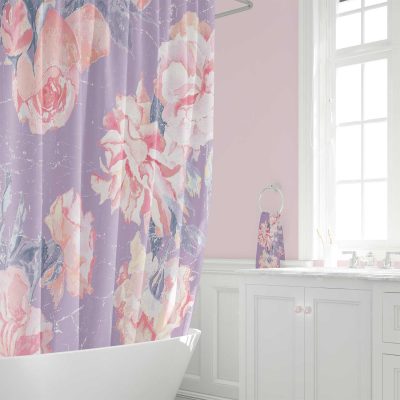 lavender purple shower curtain with pink rose floral