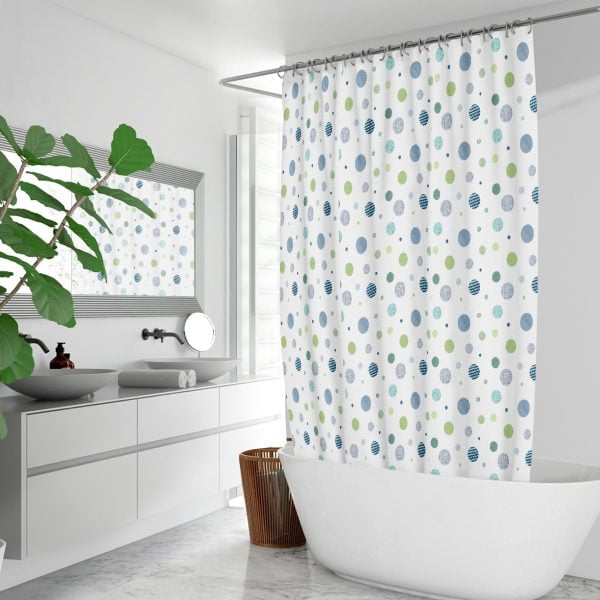 Ozscape Designs blue and green polka dot shower curtain