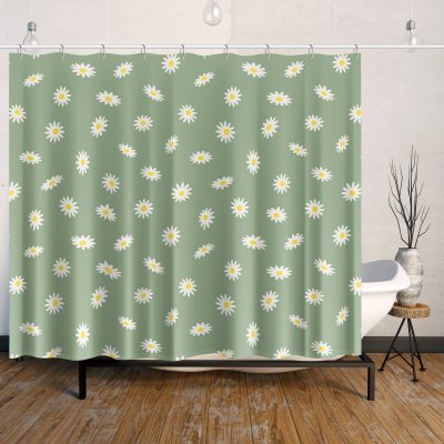 72 x 72 Cute Green Waterproof Shower Curtain With White And Yellow Daisy Flowers - Boho Bathroom Set With Matching Bath Rug And Bath Towels