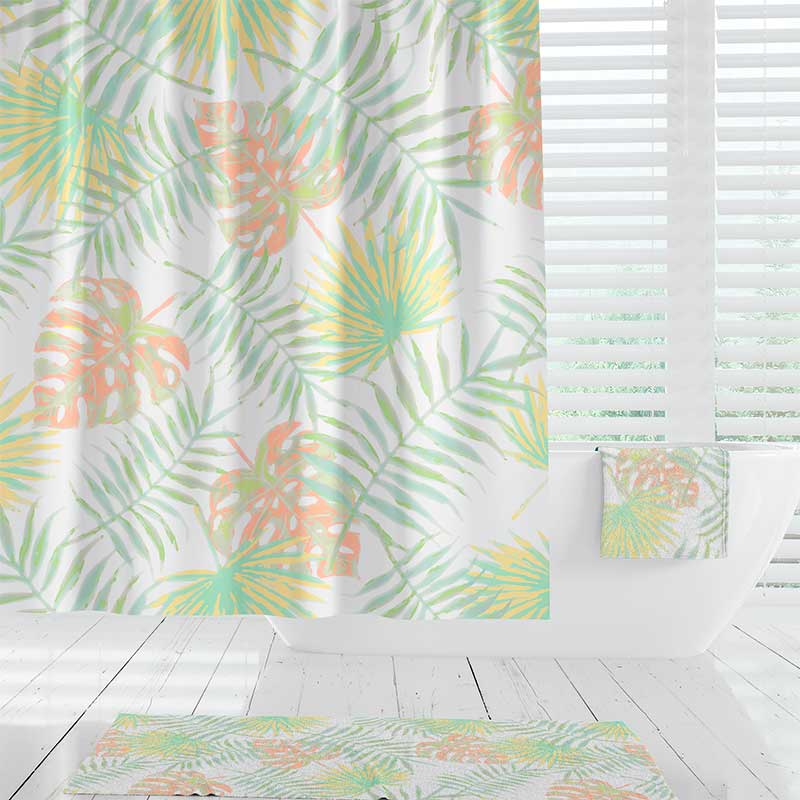 Elegant Tropical Floral shower Curtain with leafy green and apricot palm leaves