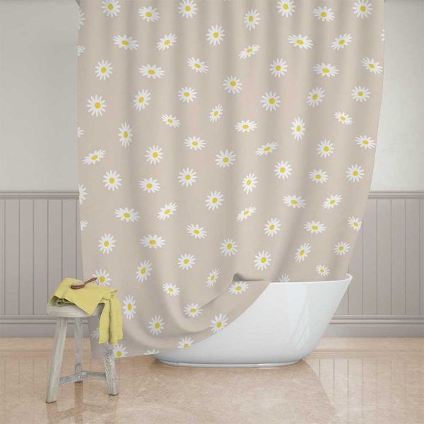 96" x 72" long shower curtain with beige fabirc and ffffffffyellow and white daisy print