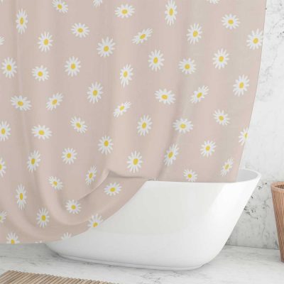72 x 72 Daisy Flower Boho Shower Curtain - Water Repellent Beige Fabric Floral Shower Curtain With Rust Free Metal Grommets And Hooks Included - Machine Washable.