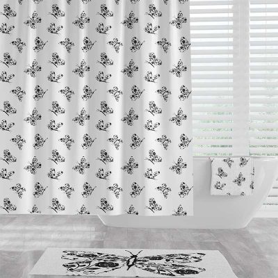 Black And White Kids Shower Curtain Set For Kids Bathroom With Mathcing BAth Mat
