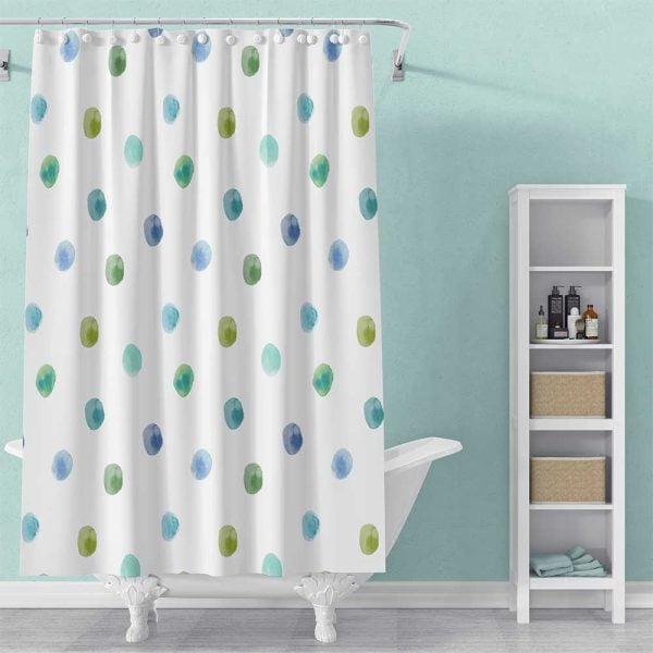 72" x 78" Blue And Green Polka Dot Fabric Curtain For Kids Bathroom