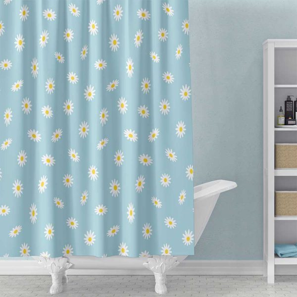 Girls Bathroom Shower Curtain With Blue Floral Design