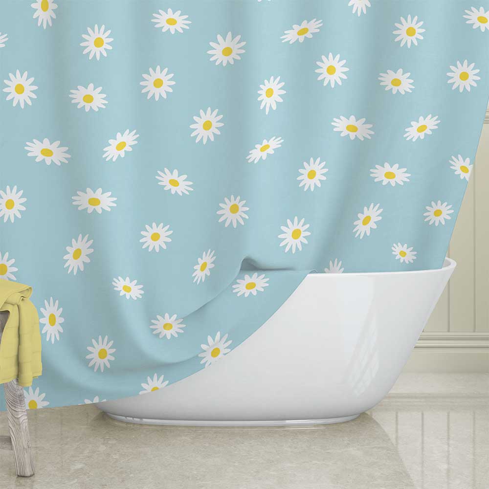 Blue Fabric Shower Curtain With White And Yellow Daisy Print In Extra Long Length