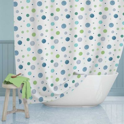72 x 84 Inch Long Modern Boys Bath Curtain With Blue And Green Textured Polka Dot Fabric