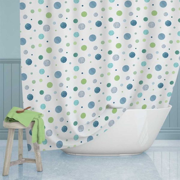 72 x 84 Inch Long Modern Boys Bath Curtain With Blue And Green Textured Polka Dot Fabric