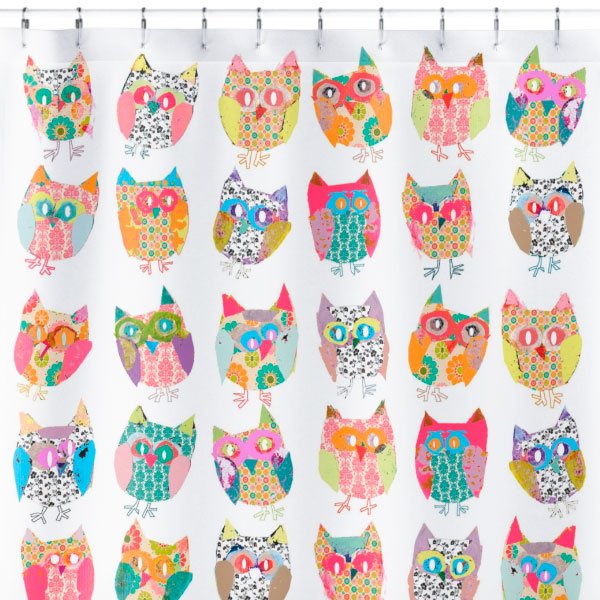 Owl shower curtain With pink, yellow and orange abstract owls