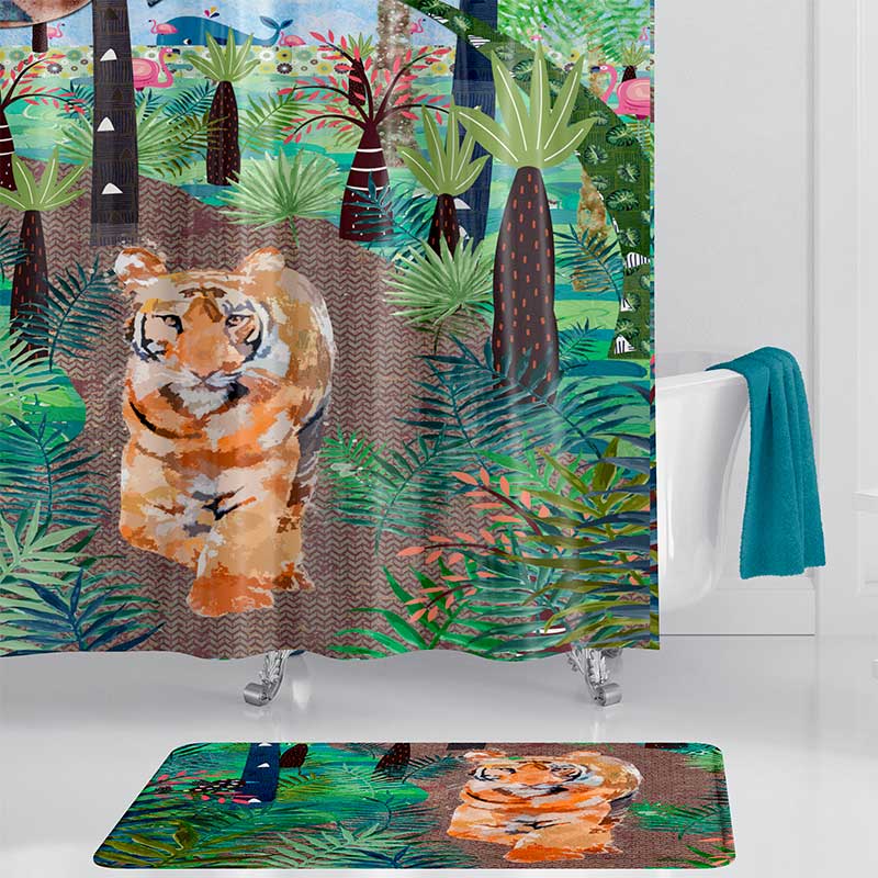 Green Tropical Jungle Tiger Fun Shower Curtain For Kids Bathroom