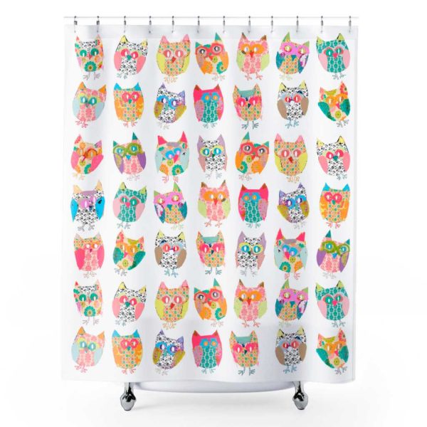 Fabric Shower Curtain With Unique Pink And Yellow Owls For Kids