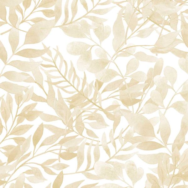 close up of beige watercolor leaves printed on white shower curtain