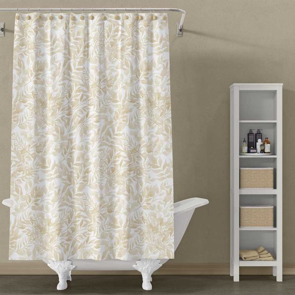 Beige Bath Shower Curtain With White And Beige Watercolor Leaves
