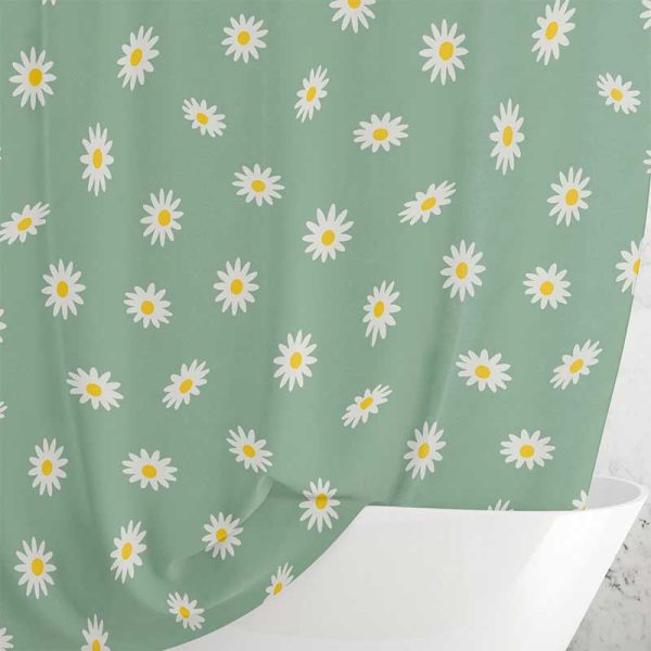 Long Green Fabric Shower Curtain With White And Yellow Daisy Print
