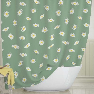 Extra Long Green Shower Curtain With floral daisy printed fabric