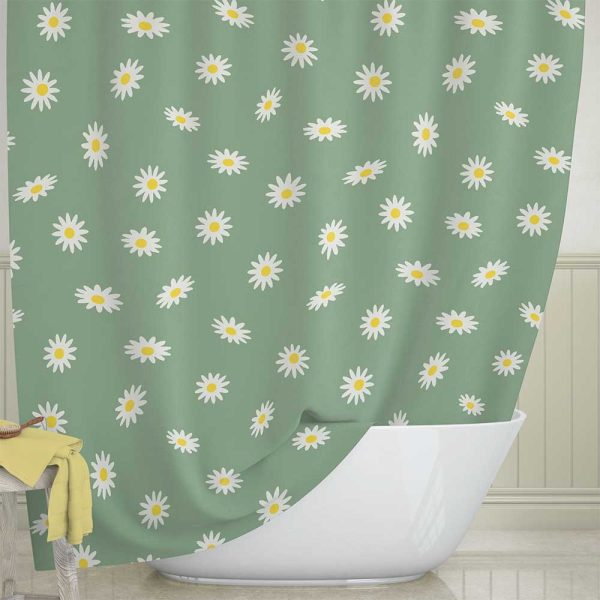 Extra Long Green Shower Curtain With floral daisy printed fabric