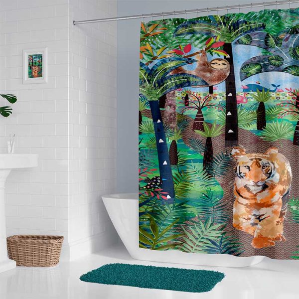 Green, Brown, Orange And Blue Tropical Jungle Shower Curtain With Washable FAbric and No Liner Reuired