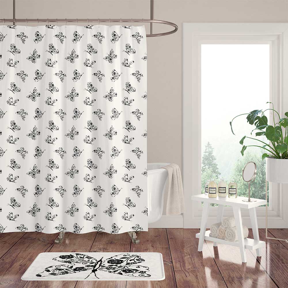 Elegant Kids Bathroom With Black And White Butterfly Shower Curtain Set