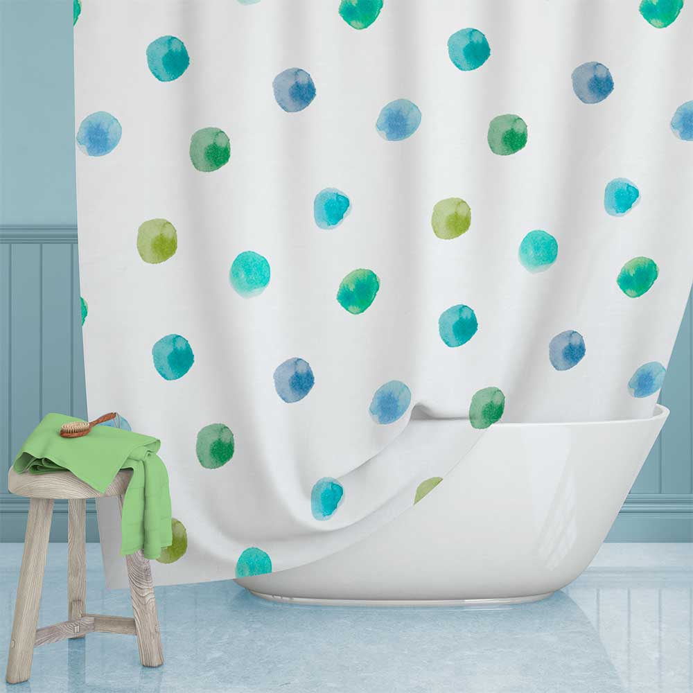 Blue And Green Watercolor Polka Dots Fabric Shower Curtain For Kids Unisex Bathroom
