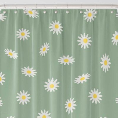 72 x 72 Cute Green Waterproof Shower Curtain With White And Yellow Daisy Flowers - Boho Bathroom Set With Matching Bath Rug And Bath Towels