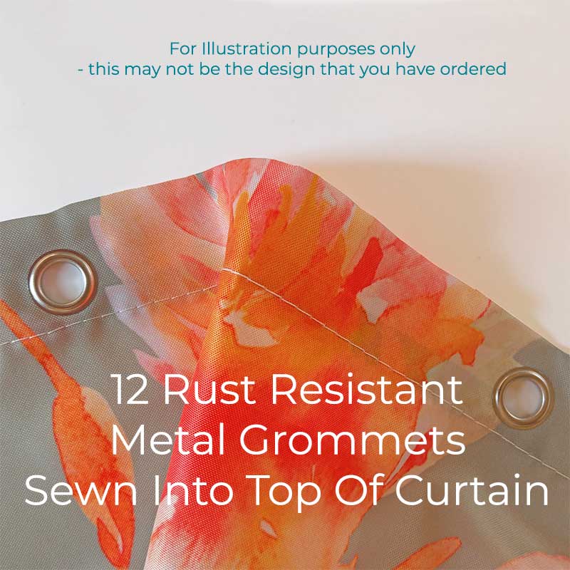 Shower curtain feature: 12 rust free metal grommets sewn into fabric shower curtain
