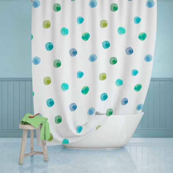 Extra Long 72" x 96" Blue And Green Watercolor Polka Dots For Little Boys Bathroom Decor