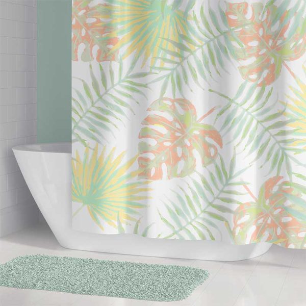 Peach and Green Shower Curtain In Standard Size With Tropical Beach Fabric Design