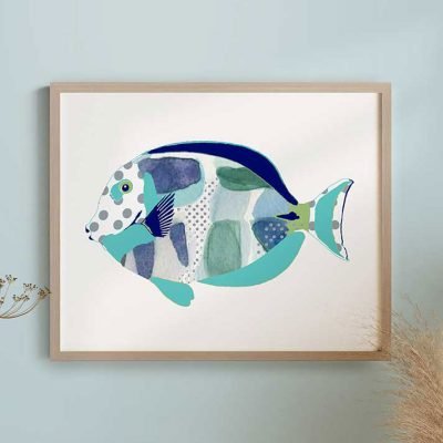 Museum Grade Archival Fine Art Abstract Blue Fish Bathroom Wall Art Print For Children's Bathrooms. Using Top Tier Pigmented Inks That Provide Exquisite Vibrant Color.