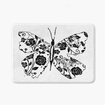 Non Slip, Absorbent, Mold And Mildew Resistant Microfiber Bath Mat For Children's Bathroom With Beautiful Black And White Floral Butterfly Print