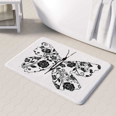 Non Slip, Absorbent, Mold And Mildew Resistant Microfiber Bath Mat For Children's Bathroom With Beautiful Black And White Floral Butterfly Print