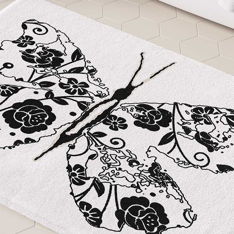Non Slip, Absorbent, Mold And Mildew Resistant Microfiber Bath Mat For Children's Bathroom With Beautiful Black And White Floral Butterfly Print - Image 3