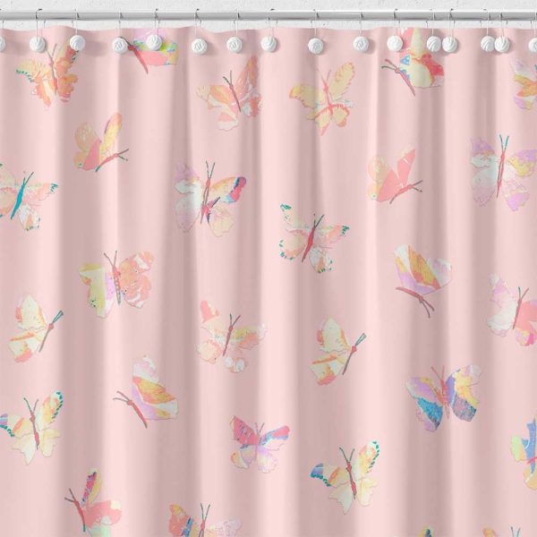 Long Shower Curtain With Watercolor Butterfly Print on Pink Shower Curtain Fabric
