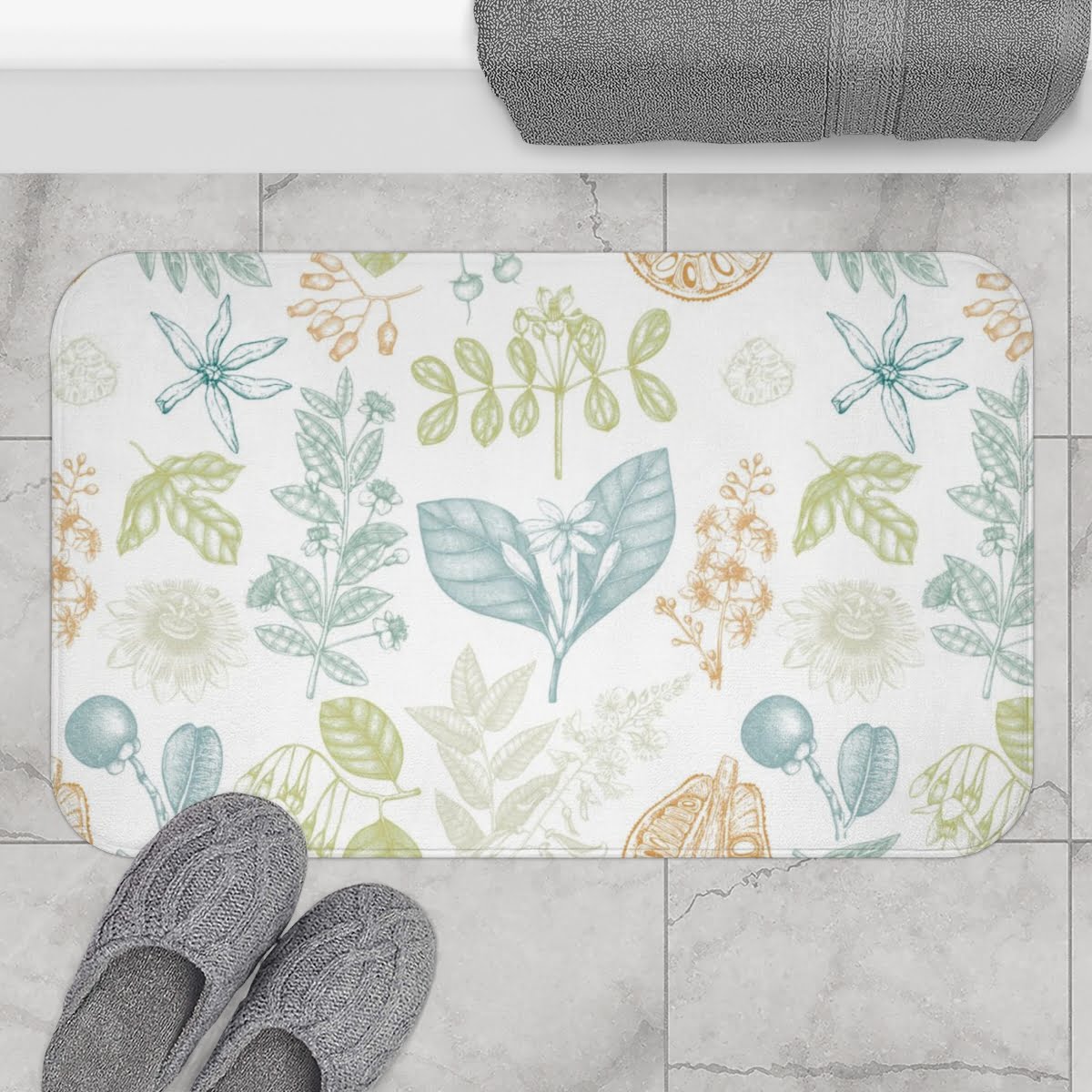 Elegant Non-Slip Super Soft And Comfortable Bath Mat With Eco Friendly Artist Designed Botanical Print For Nature Themed Bathroom. Water Absorbant, Mold & Mildew Repellent Washable Microfiber Surface Available in Bath Size 21" x 34" and Basin Size 24" x 17". - Image 4