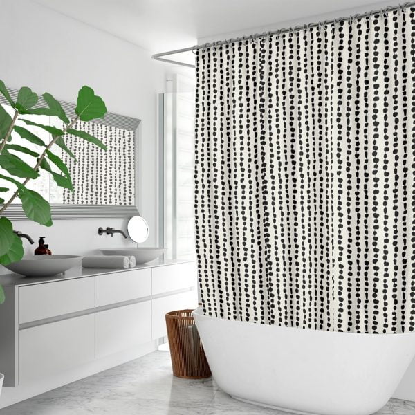 black and beige striped shower curtain
