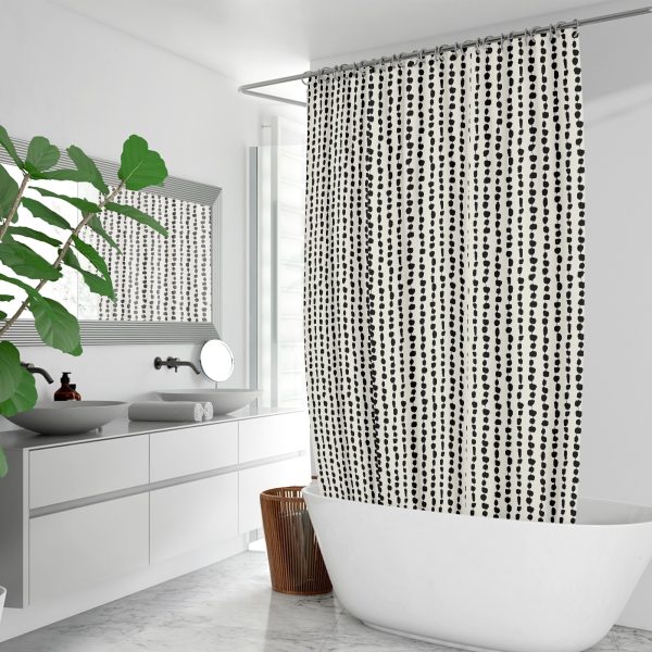 black and beige striped shower curtain